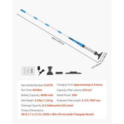 Pool Vacuum Cleaner 8.5 GPM Rechargeable Pool Cleaning Max. 1H with Extension Pole | EU