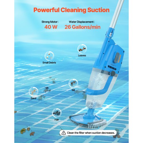 Pool Vacuum 26 GPM Rechargeable Pool Cleaning Max. 1H with Extension Pole | EU