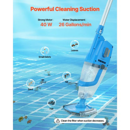 Pool Vacuum 26 GPM Rechargeable Pool Cleaning Max. 1H with Extension Pole | EU