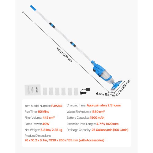 Pool Vacuum 26 GPM Rechargeable Pool Cleaning Max. 1H with Extension Pole | EU