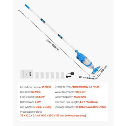 Pool Vacuum 26 GPM Rechargeable Pool Cleaning Max. 1H with Extension Pole | EU