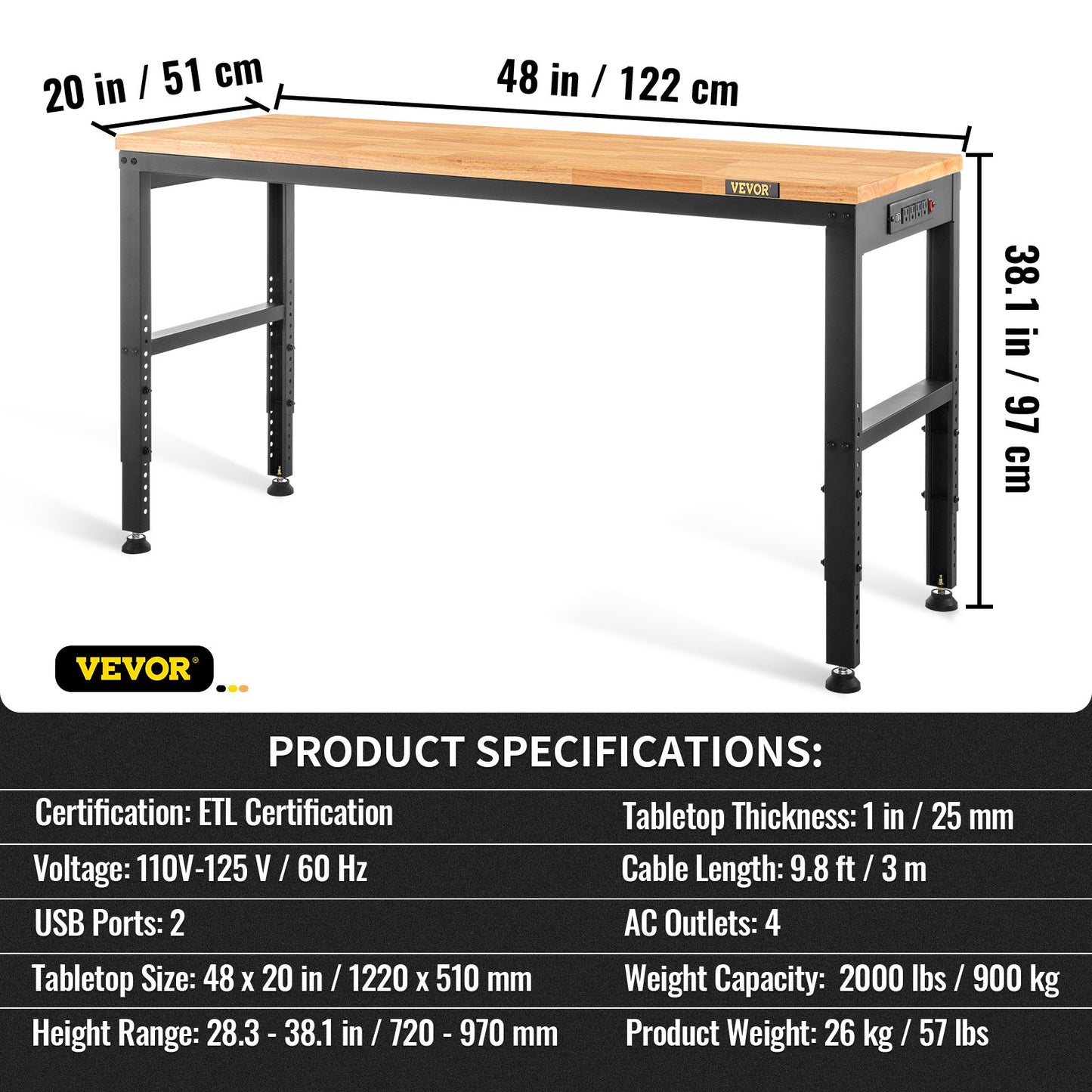 Werkbank mit verstellbarer Höhe, 48"L x 20"B, Werkbanktisch mit Steckdose