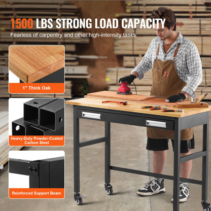 48" Werkbank auf Rädern, Holzwerkbank mit Schubladen-Organizer, 1500 lbs