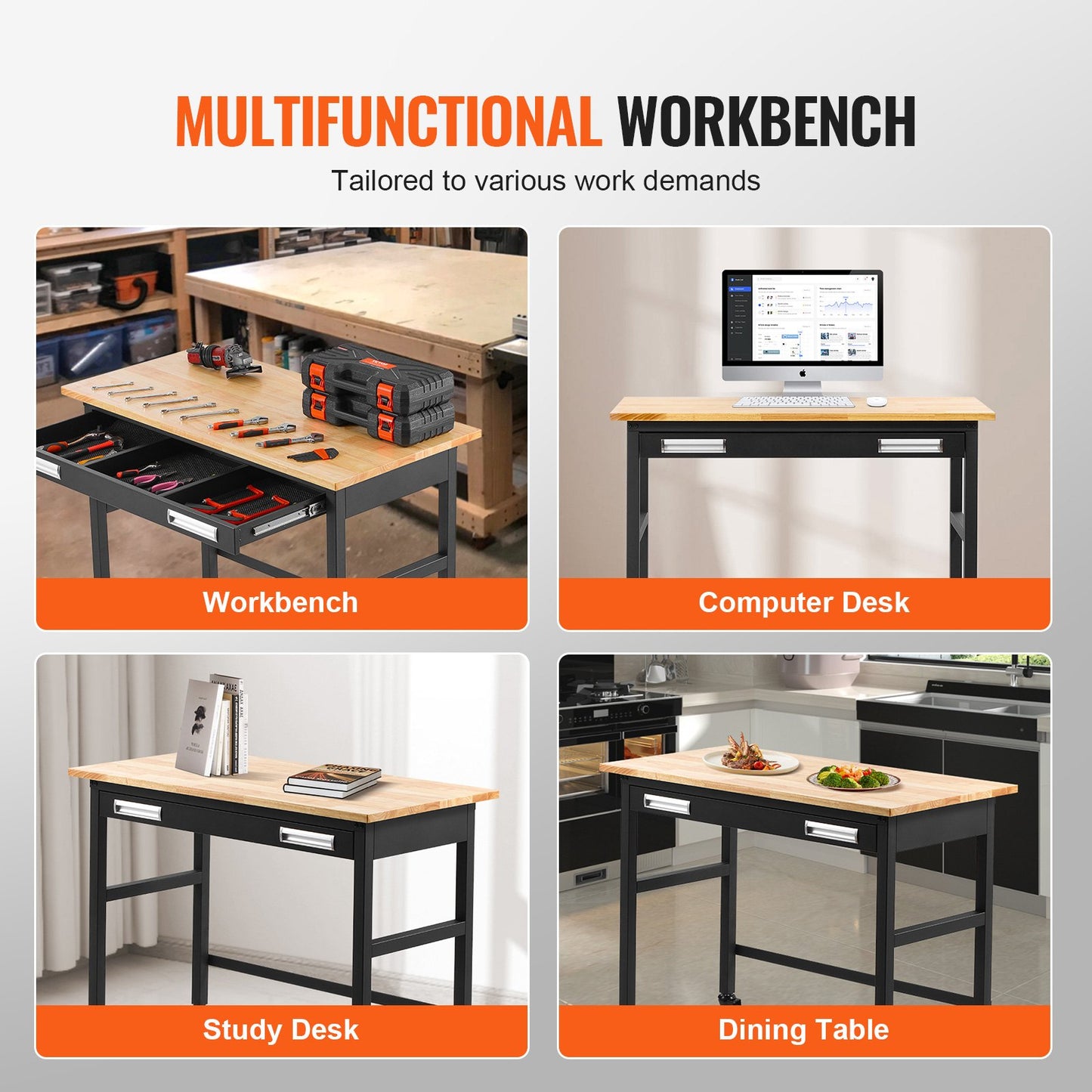 48" Werkbank auf Rädern, Holzwerkbank mit Schubladen-Organizer, 1500 lbs