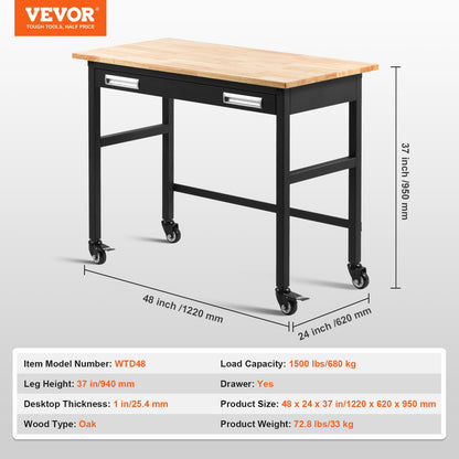 48" Werkbank auf Rädern, Holzwerkbank mit Schubladen-Organizer, 1500 lbs