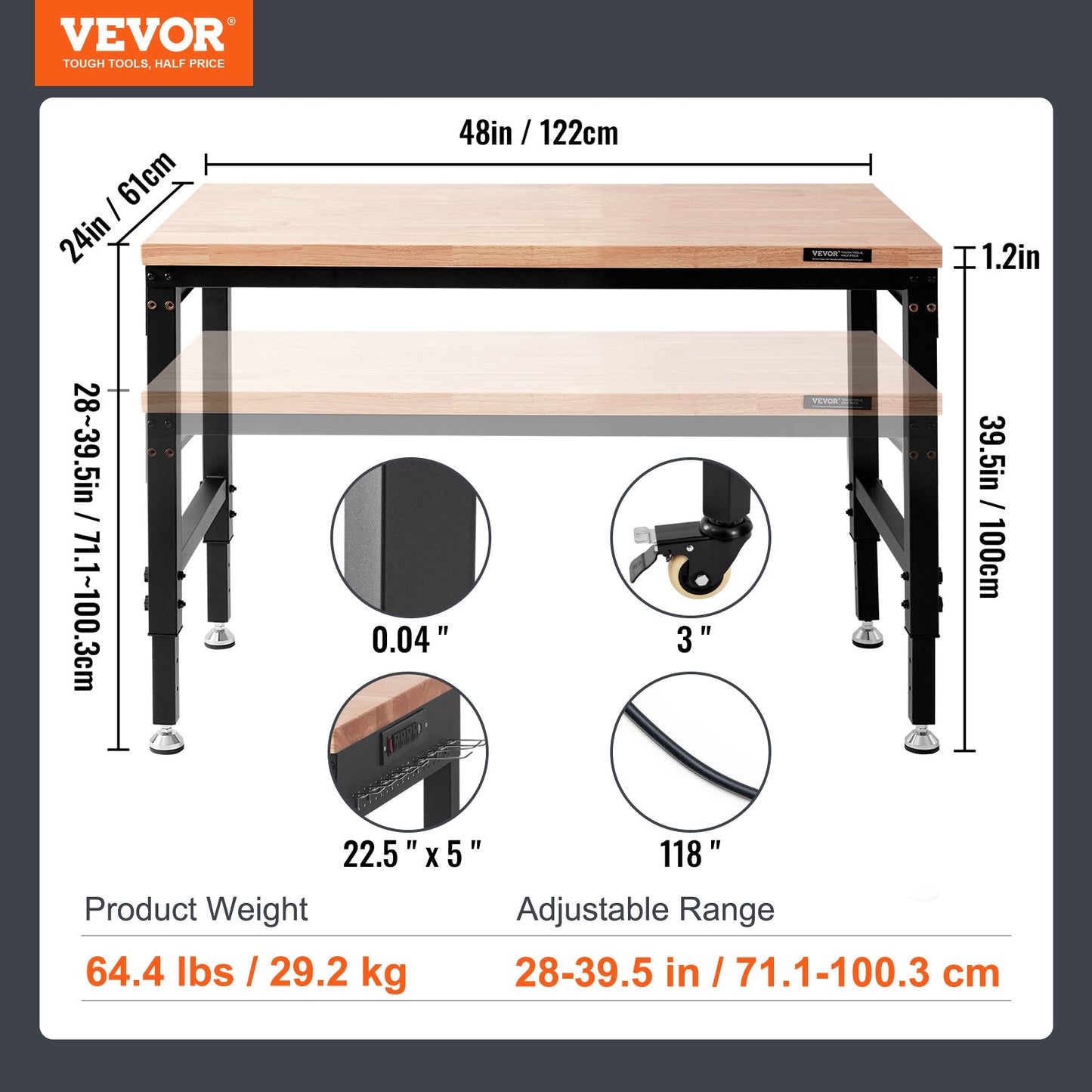 Arbetsbänk med justerbar höjd 48"L x 24"W Arbetsbänksbord med eluttag