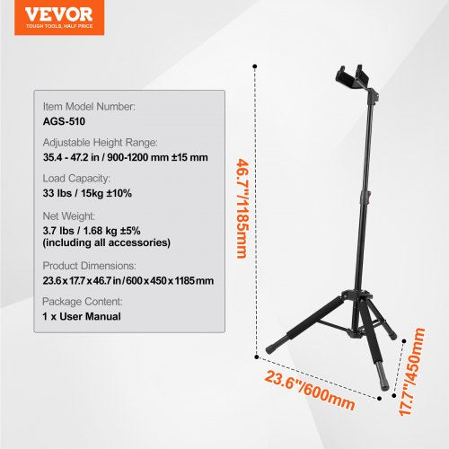 Tripod Guitar Stand Floor Standing Foldable 900-1200 mm (35.4-47.2 inches) Adjustable Height | EU