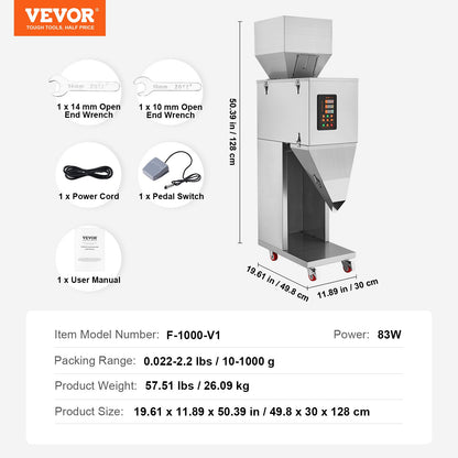 Particle Filling Machine, 0.022-2.2 lbs/10-1000 g, Automatic Filling Machine with Foot Pedal, Stainless Steel Weighing Filling Machine, Weighing Filler for Beans, Seeds, Tea, Granular Packaging