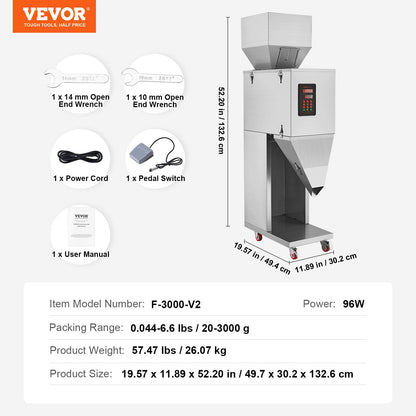 Particle Filling Machine, 0.044-6.6 lbs/20-3000 g, Automatic Filling Machine with Foot Pedal, Stainless Steel Weighing Filling Machine, Weighing Filler for Beans, Seeds, Tea, Granular Packaging