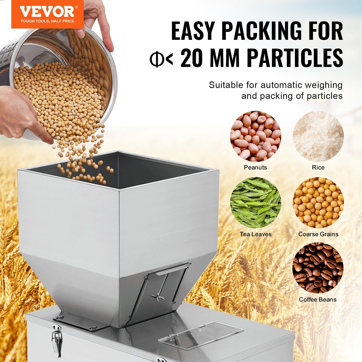Partikelfyllningsmaskin, 0,044-11 lbs/20-5000 g, automatisk fyllningsmaskin med fotpedal, rostfritt stål vägningsfyllningsmaskin, vägningsfyllmedel för bönor, frön, te, granulär förpackning