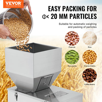 Partikelfyllningsmaskin, 0,044-11 lbs/20-5000 g, automatisk fyllningsmaskin med fotpedal, rostfritt stål vägningsfyllningsmaskin, vägningsfyllmedel för bönor, frön, te, granulär förpackning
