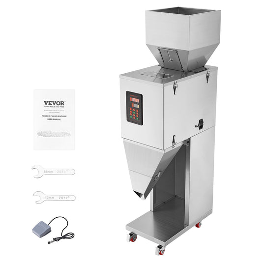 Partikelfyllningsmaskin, 0,044-11 lbs/20-5000 g, automatisk fyllningsmaskin med fotpedal, rostfritt stål vägningsfyllningsmaskin, vägningsfyllmedel för bönor, frön, te, granulär förpackning
