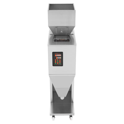 Partikelfyllningsmaskin, 0,044-11 lbs/20-5000 g, automatisk fyllningsmaskin med fotpedal, rostfritt stål vägningsfyllningsmaskin, vägningsfyllmedel för bönor, frön, te, granulär förpackning