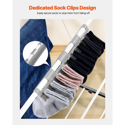 hopfällbar torkställning i två nivåer med sockklämmor och 21 torkstänger vit
