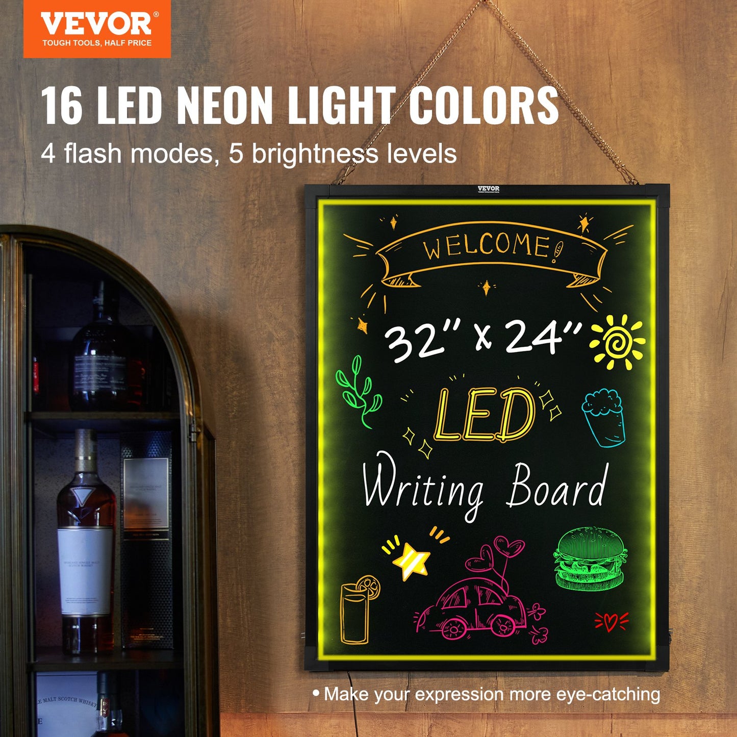 LED Message Writing Board 32"x24" upplyst raderbar upplyst svart tavla