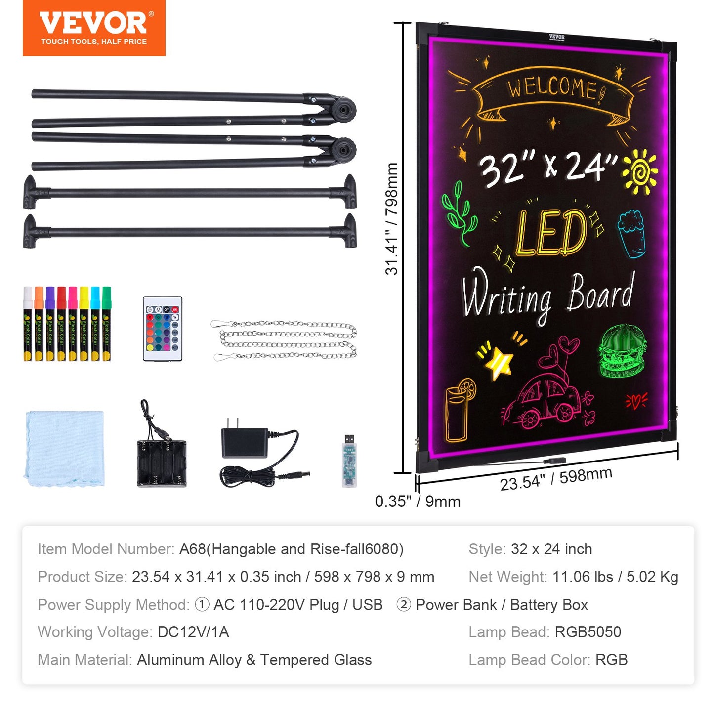 LED Message Writing Board 32"x24" upplyst raderbar upplyst svart tavla