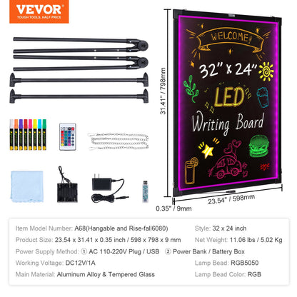 LED Message Writing Board 32"x24" upplyst raderbar upplyst svart tavla