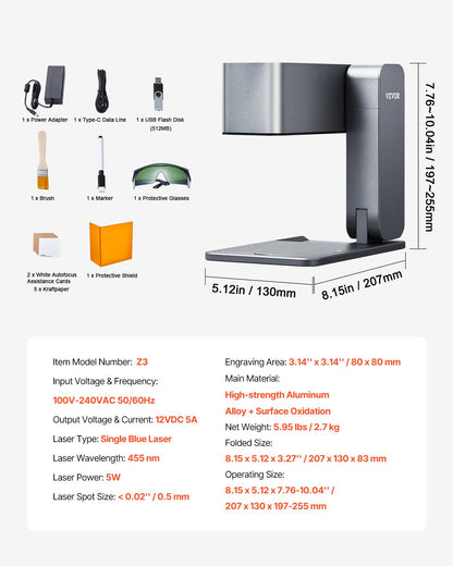 Portable Laser Engraver 600 mm/s 5W High Speed Handheld Engraving Machine 3.14'' X 3.14'' Engraving Area Compatible with Android, Ios and Windows for Metal Single Blue Laser Wood Leather Acrylic Fiber Jewelry Glass