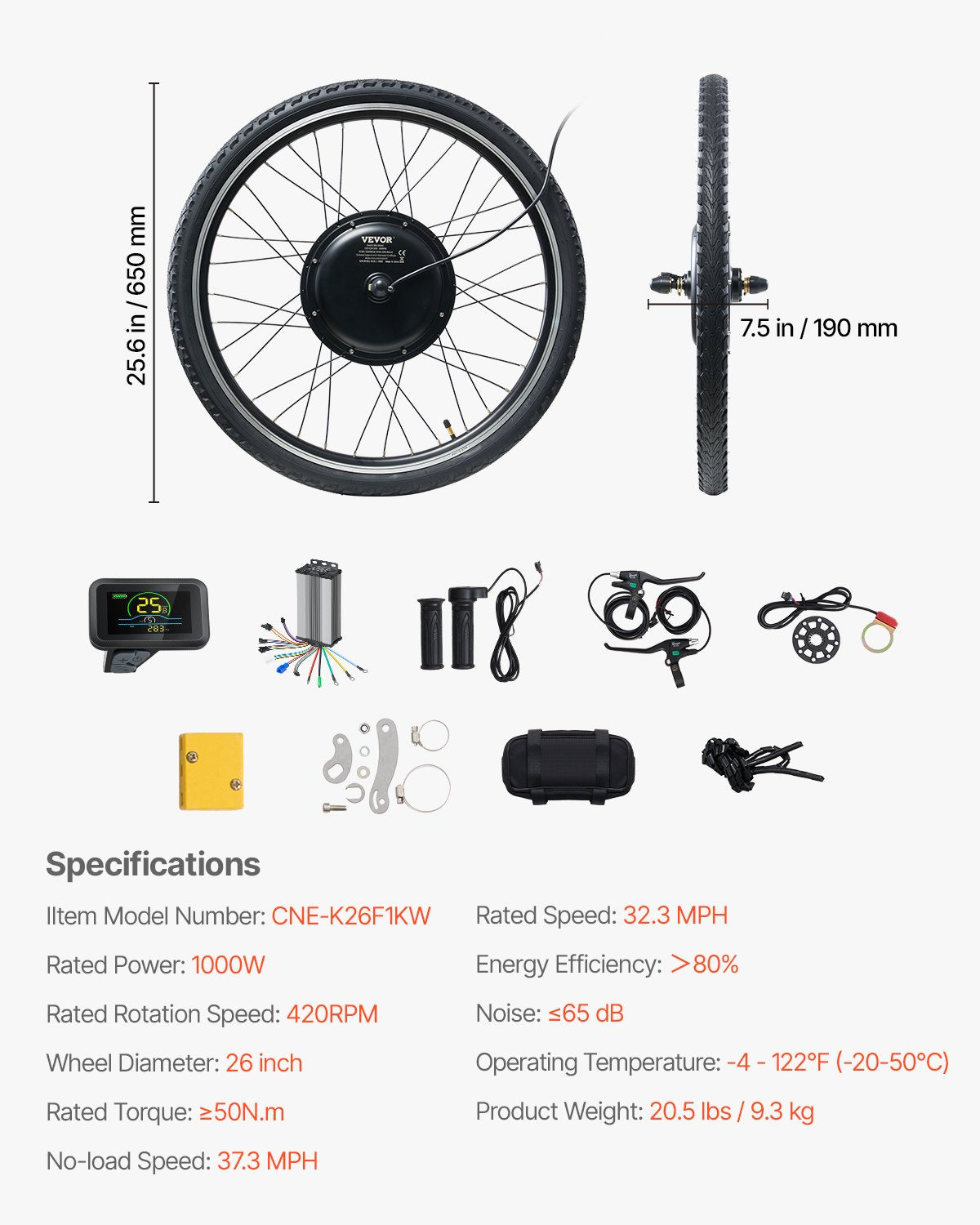 1000W Electric Bike Conversion Kit 48V 26" Front Wheel Motor for Electric Bike Hub