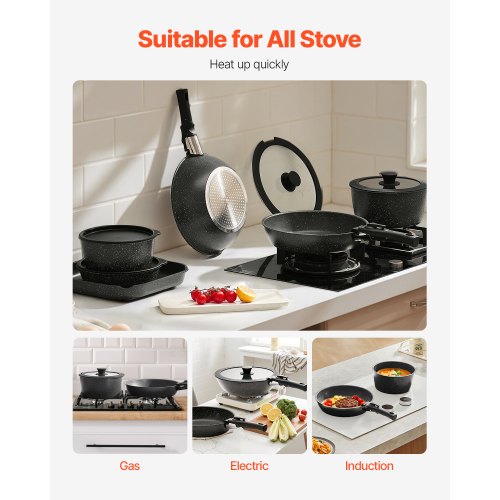 17-delade grytor och kastruller Granit Nonstick Köksredskap Svart |  EU