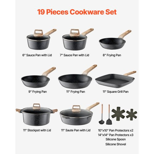 19-delade grytor och kastruller Granit Nonstick Köksredskap Svart |  EU
