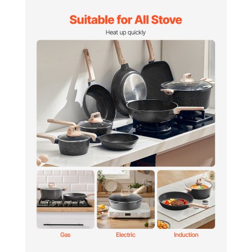 19-delade grytor och kastruller Granit Nonstick Köksredskap Svart |  EU