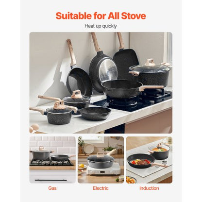 19-delade grytor och kastruller Granit Nonstick Köksredskap Svart |  EU