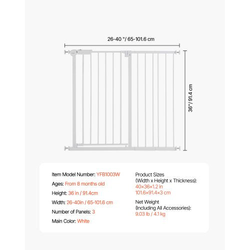 Baby gate 66-102 cm adjustable width 91 cm high dog gate white | EU