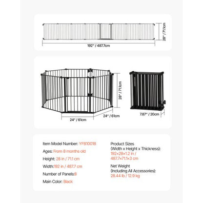 Babygrind 192 tum extra bred 28 tum hög 8-panels vikbar hundgrind svart |  EU
