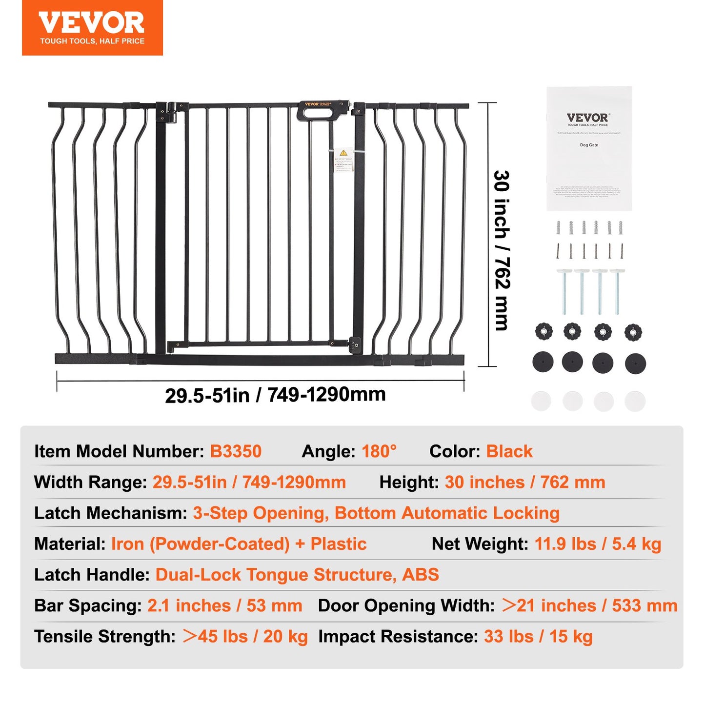 Baby Gate, 29,5"-53" extra bred, 30" hög, hundgrind för trappor dörröppningar och hus, Easy Step Walk Thru Auto Close Barnport Pet Security Gate med tryckmonteringssats och väggmonteringssats, svart