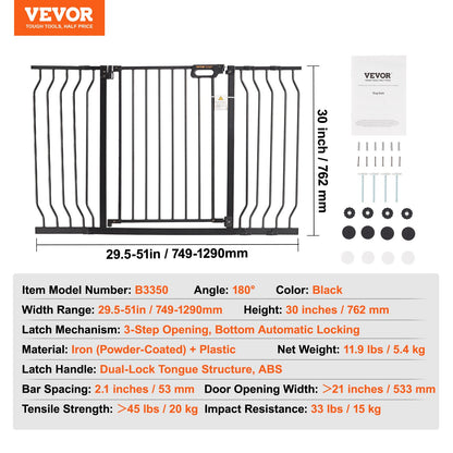 Baby Gate, 29,5"-53" extra bred, 30" hög, hundgrind för trappor dörröppningar och hus, Easy Step Walk Thru Auto Close Barnport Pet Security Gate med tryckmonteringssats och väggmonteringssats, svart