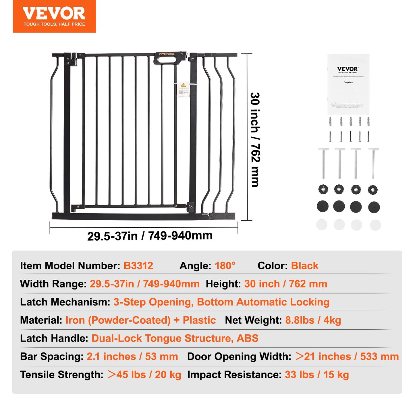 Baby Gate, 29.5"-39" Extra Wide, 30" High, Dog Gate for Stairs Doorways and Houses, Easy Step Walk Thru Auto Close Baby Gate Pet Security Gate with Pressure Mounting Kit and Wall Mounting Kit, Black