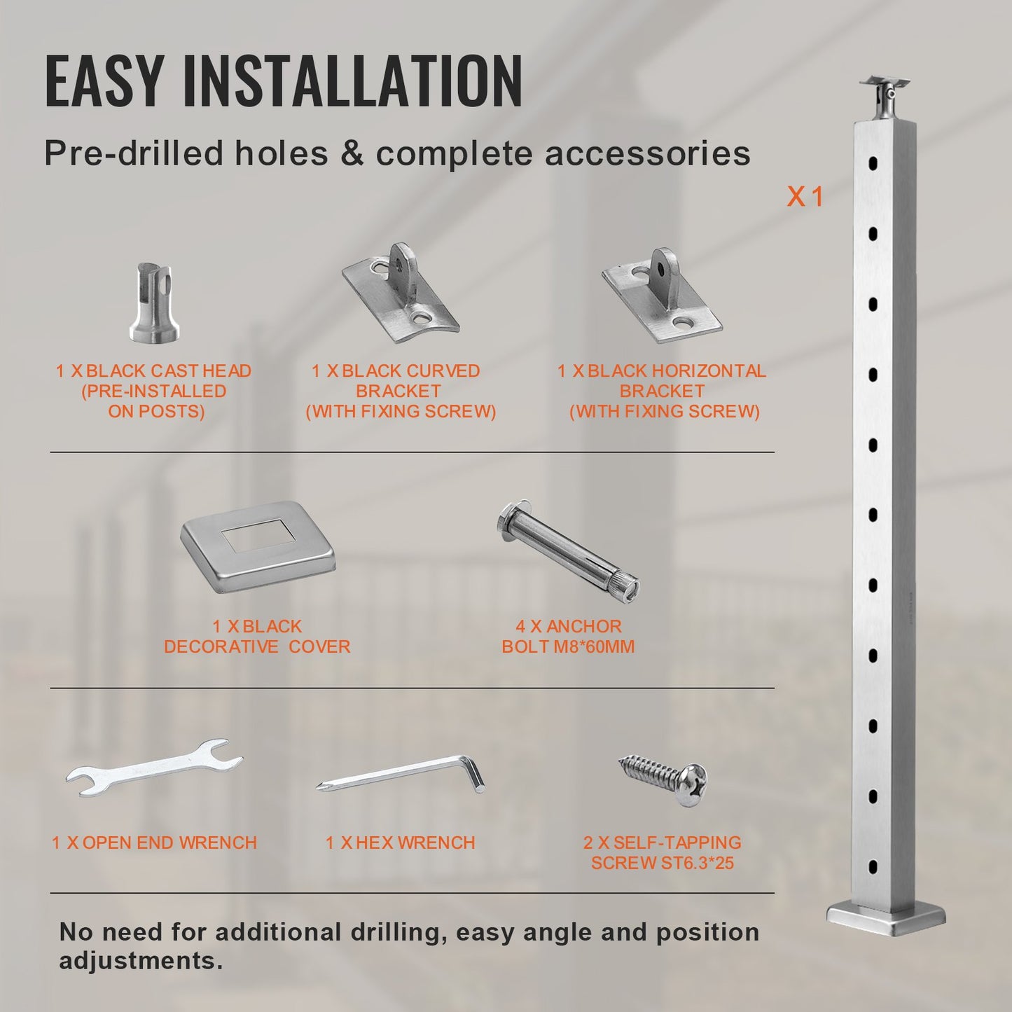 Cable Railing Post 36x1x2in Horizontal Hole Deck Railing Post Silver 1Pack