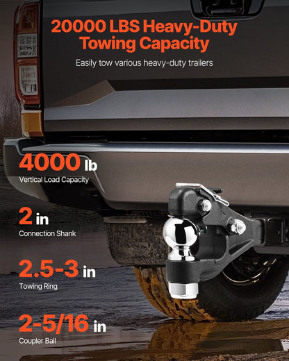 Pintle Hitch 2" mottagarekrok för 2,5 till 3-tums Lunette Ring 20000 lbs