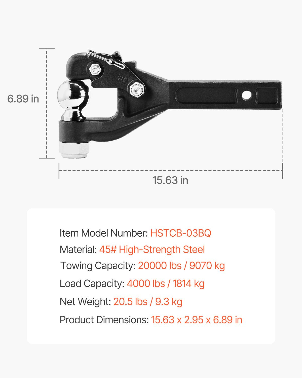Pintle Hitch 2" mottagarekrok för 2,5 till 3-tums Lunette Ring 20000 lbs