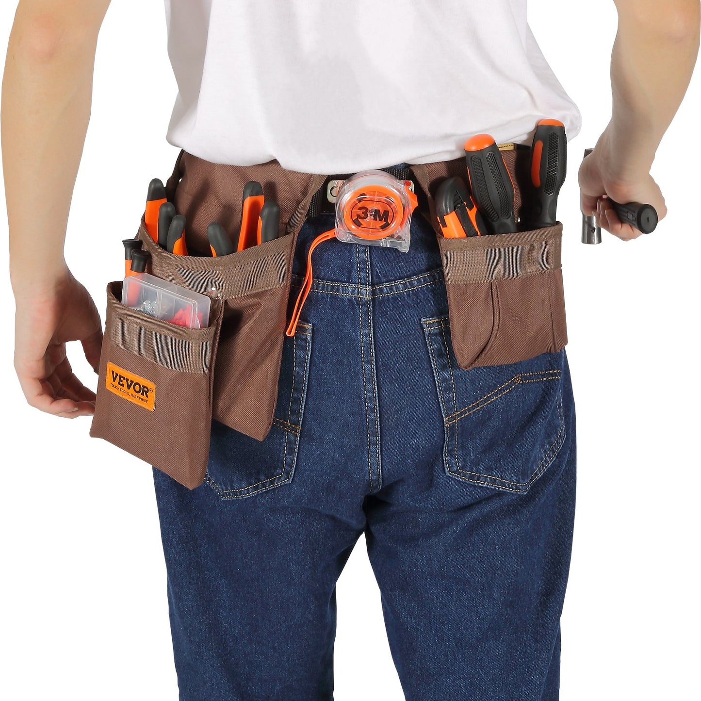Verktygsbälte, 13 fickor, Justerbar från 29 tum till 54 tum, Polyester Heavy Duty verktygsväska, löstagbar verktygsväska för elektriker, snickare, hantverkare, träarbetare, konstruktion, ram, brun