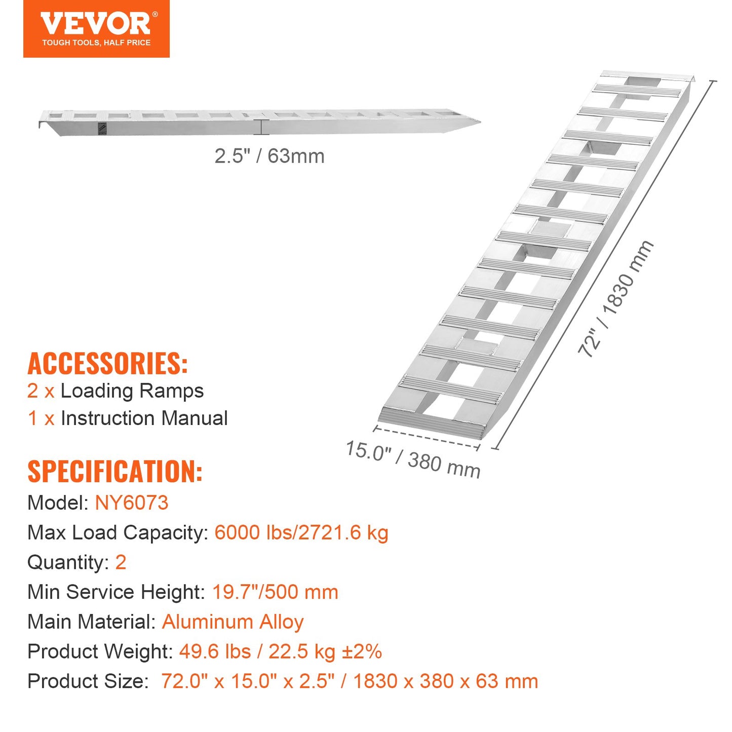 72" x 15" Aluminum Ramps 6000 LBS Capacity Cargo Ramps 2PCS