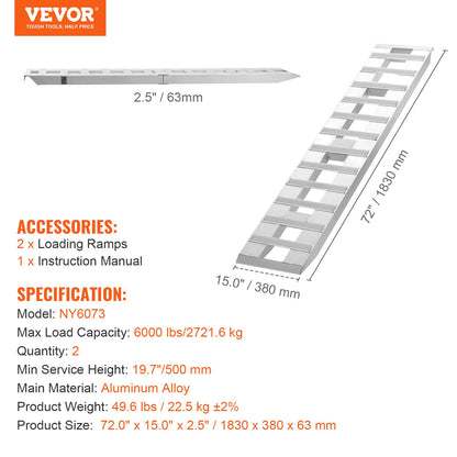 72" x 15" Aluminum Ramps 6000 LBS Capacity Cargo Ramps 2PCS