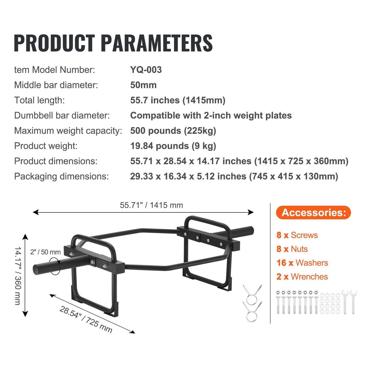 Trap Bar, 500 LBS Hex Barbell Trap Bar, 55.7" Squat Deadlift Barbell, 50 mm Diameter Weightlifting Strength Training Back Bar with Handles, Home Gym for Squats, Deadlifts, Shrugs
