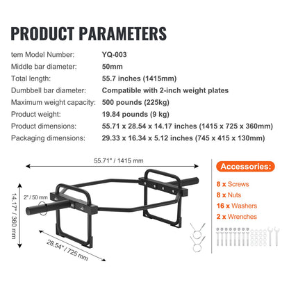 Trap Bar, 500 LBS Hex Barbell Trap Bar, 55.7" Squat Deadlift Barbell, 50 mm Diameter Weightlifting Strength Training Back Bar with Handles, Home Gym for Squats, Deadlifts, Shrugs