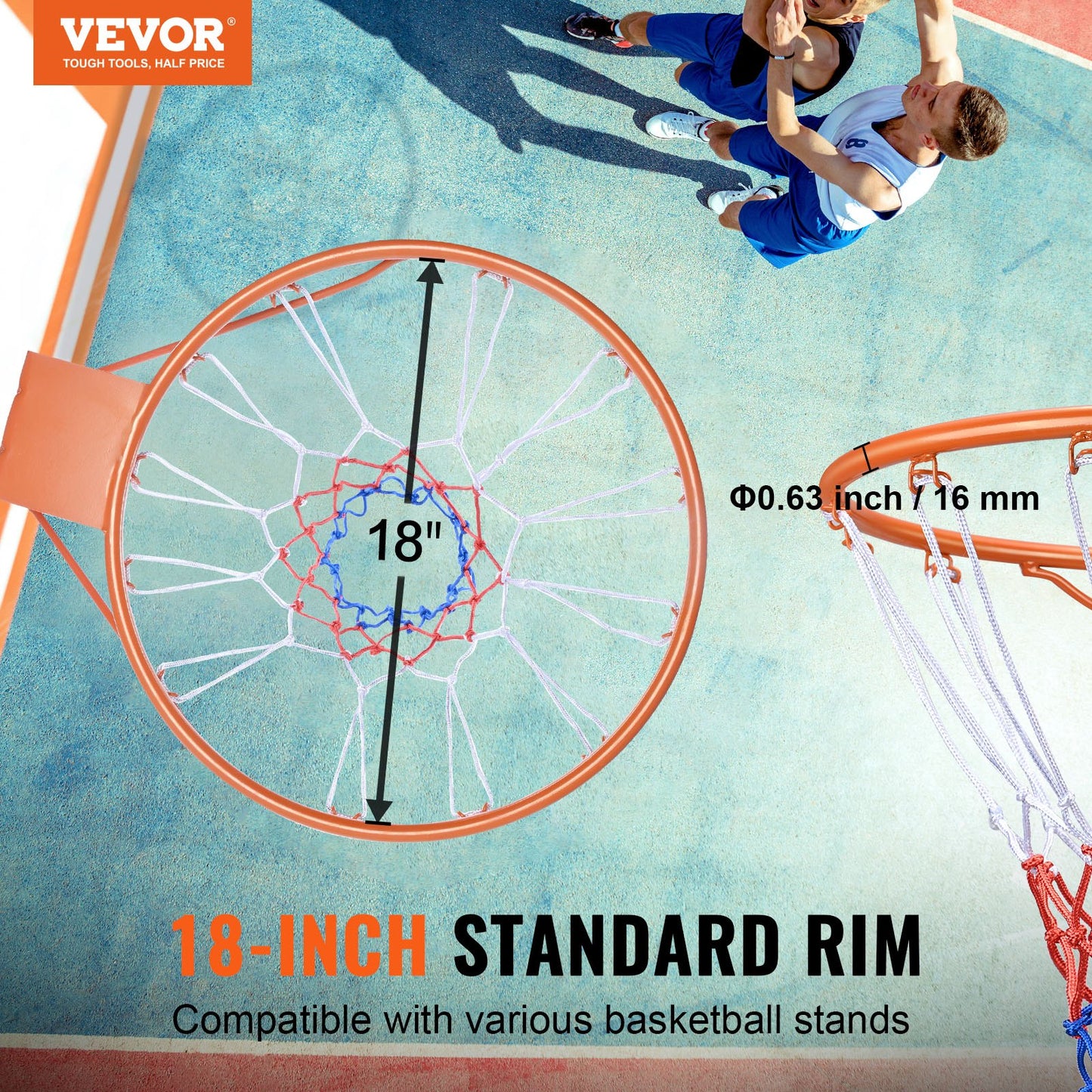 Basketball Rim, Wall Door Mounted Basketball Hoop, Heavy Duty Q235 Basket Flex Rim Goal Replacement with Net, Standard 18" Hanging Basketball Hoop for Both Indoor and Outdoor for Kids Adults