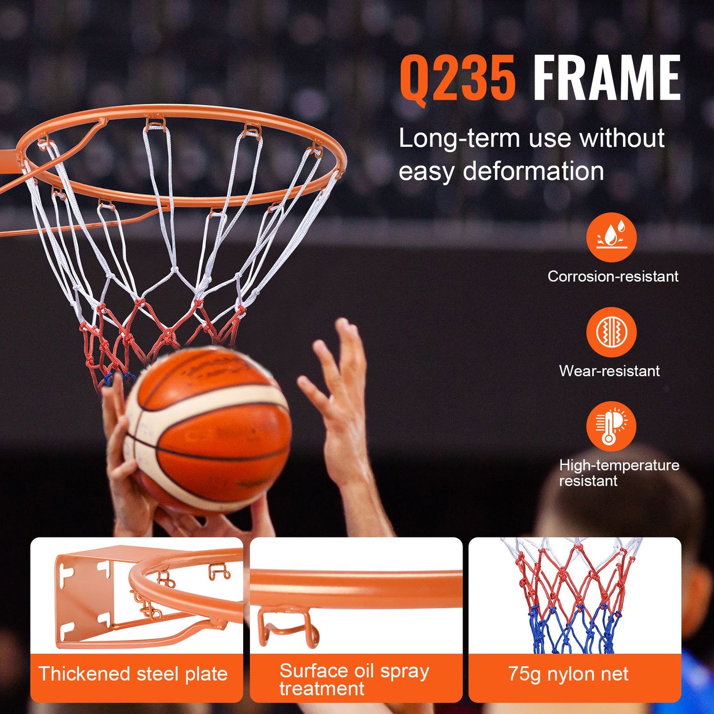 Basketball Rim, Wall Door Mounted Basketball Hoop, Heavy Duty Q235 Basket Flex Rim Goal Replacement with Net, Standard 18" Hanging Basketball Hoop for Both Indoor and Outdoor for Kids Adults