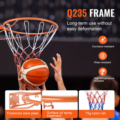 Basketball Rim, Wall Door Mounted Basketball Hoop, Heavy Duty Q235 Basket Flex Rim Goal Replacement with Net, Standard 18" Hanging Basketball Hoop for Both Indoor and Outdoor for Kids Adults