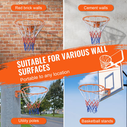 Basketball Rim, Wall Door Mounted Basketball Hoop, Heavy Duty Q235 Basket Flex Rim Goal Replacement with Net, Standard 18" Hanging Basketball Hoop for Both Indoor and Outdoor for Kids Adults