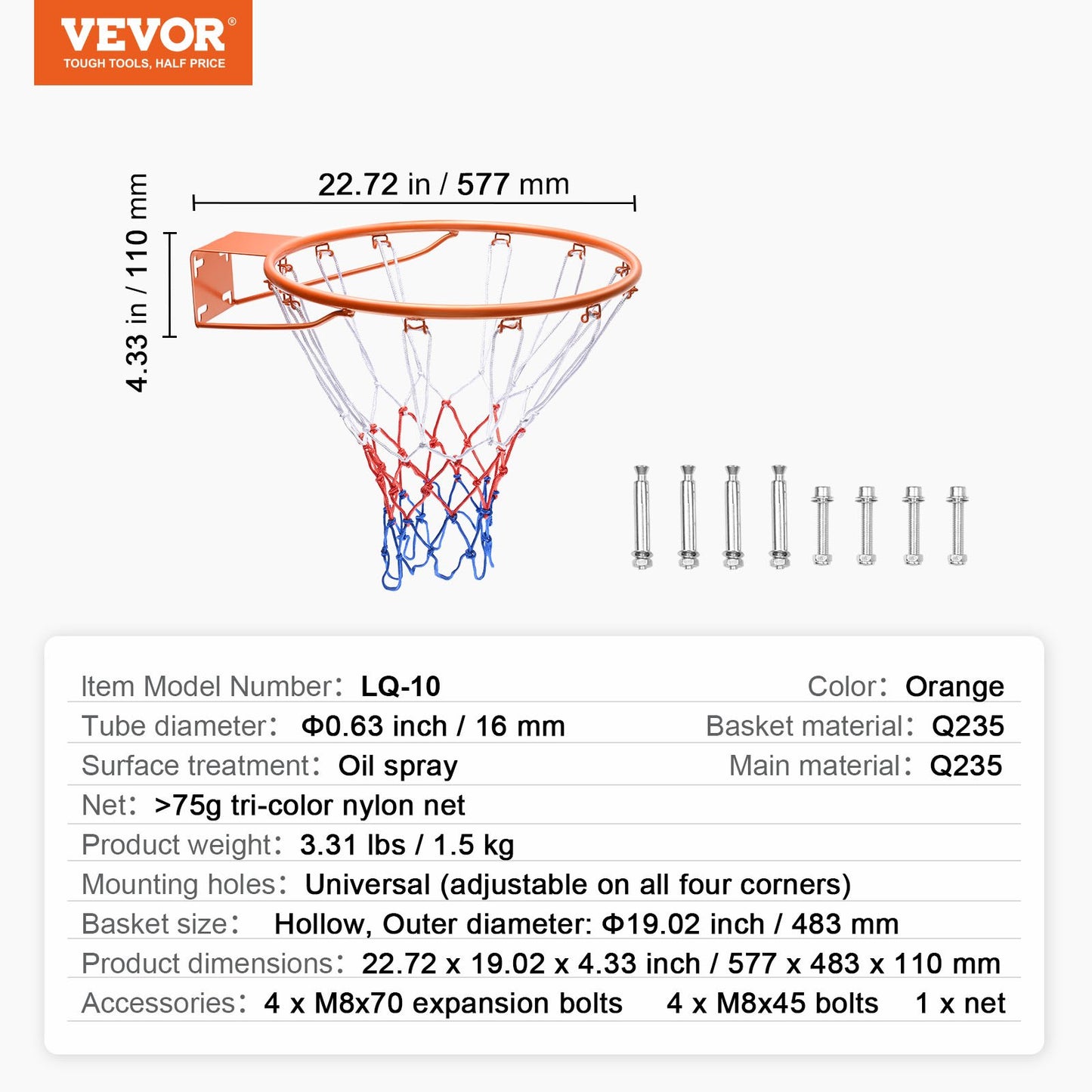 Basketball Rim, Wall Door Mounted Basketball Hoop, Heavy Duty Q235 Basket Flex Rim Goal Replacement with Net, Standard 18" Hanging Basketball Hoop for Both Indoor and Outdoor for Kids Adults