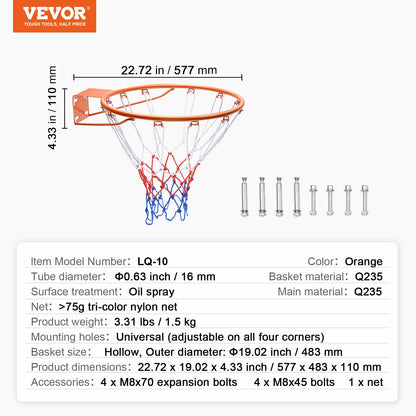 Basketball Rim, Wall Door Mounted Basketball Hoop, Heavy Duty Q235 Basket Flex Rim Goal Replacement with Net, Standard 18" Hanging Basketball Hoop for Both Indoor and Outdoor for Kids Adults