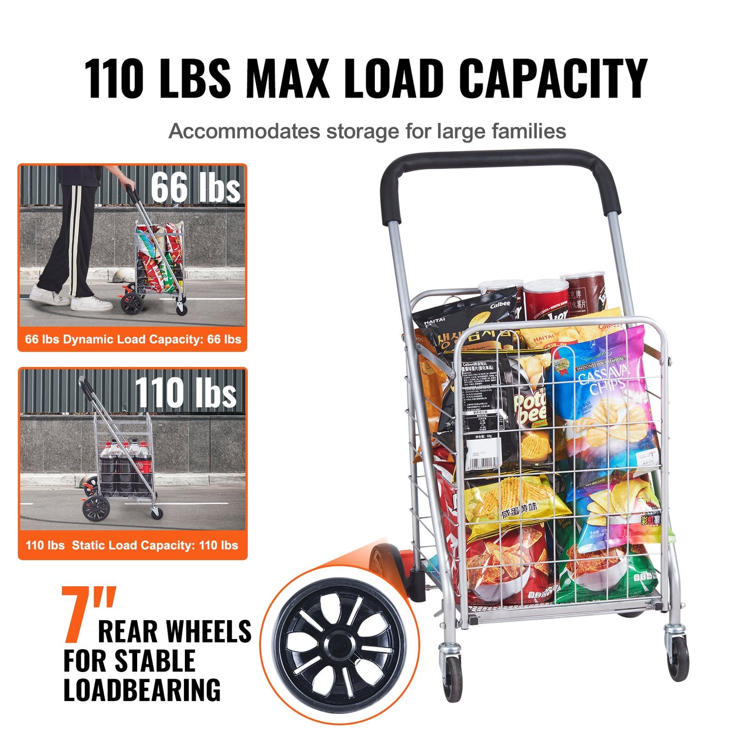 Folding Shopping Cart, 110 lbs Max lastkapacitet, Livsmedelsvagn med rullande svängbara hjul, Heavy Duty hopfällbar tvättkorgsvagn Kompakt Lätt hopfällbar för bagage, Silver