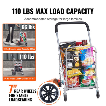 Folding Shopping Cart, 110 lbs Max lastkapacitet, Livsmedelsvagn med rullande svängbara hjul, Heavy Duty hopfällbar tvättkorgsvagn Kompakt Lätt hopfällbar för bagage, Silver