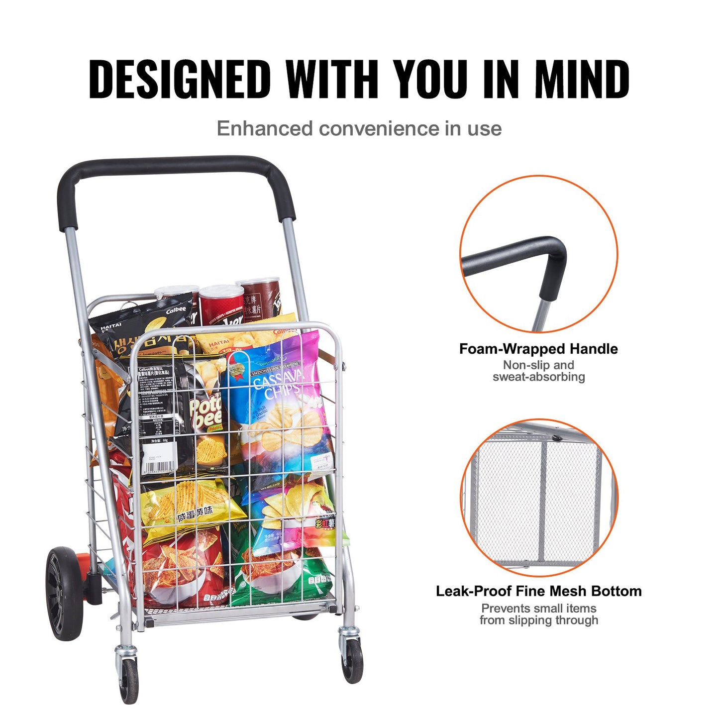Folding Shopping Cart, 110 lbs Max lastkapacitet, Livsmedelsvagn med rullande svängbara hjul, Heavy Duty hopfällbar tvättkorgsvagn Kompakt Lätt hopfällbar för bagage, Silver