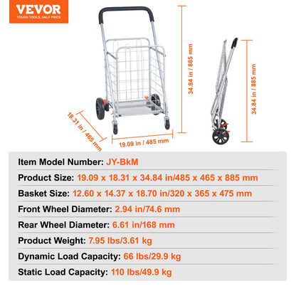 Folding Shopping Cart, 110 lbs Max lastkapacitet, Livsmedelsvagn med rullande svängbara hjul, Heavy Duty hopfällbar tvättkorgsvagn Kompakt Lätt hopfällbar för bagage, Silver